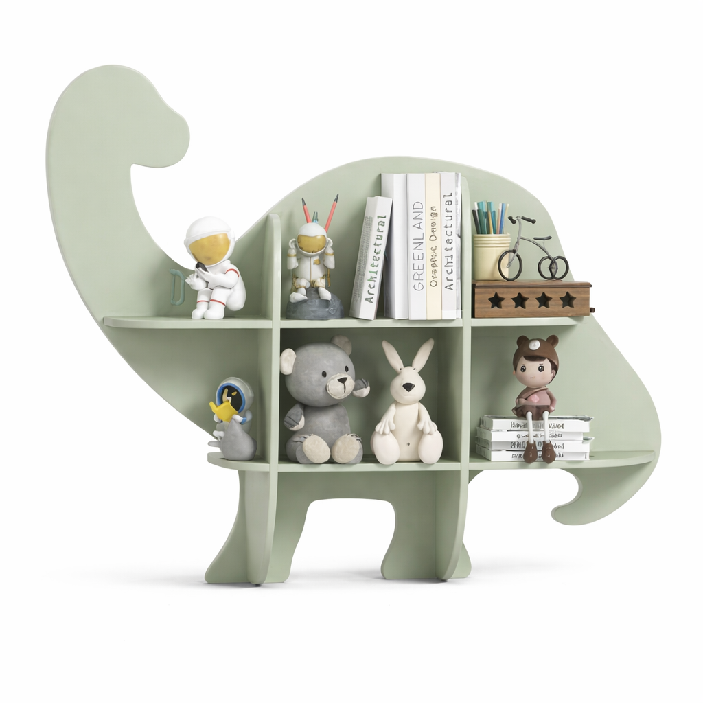 Vue de face de l'étagère Alberta dinosaure remplie de livres et petites figurines