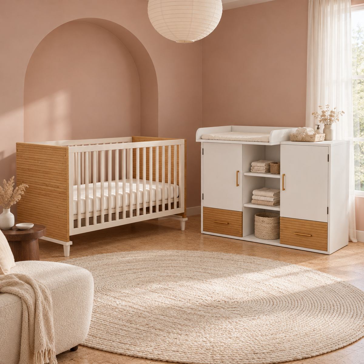 Ensemble lit bébé et table à langer avec rangements