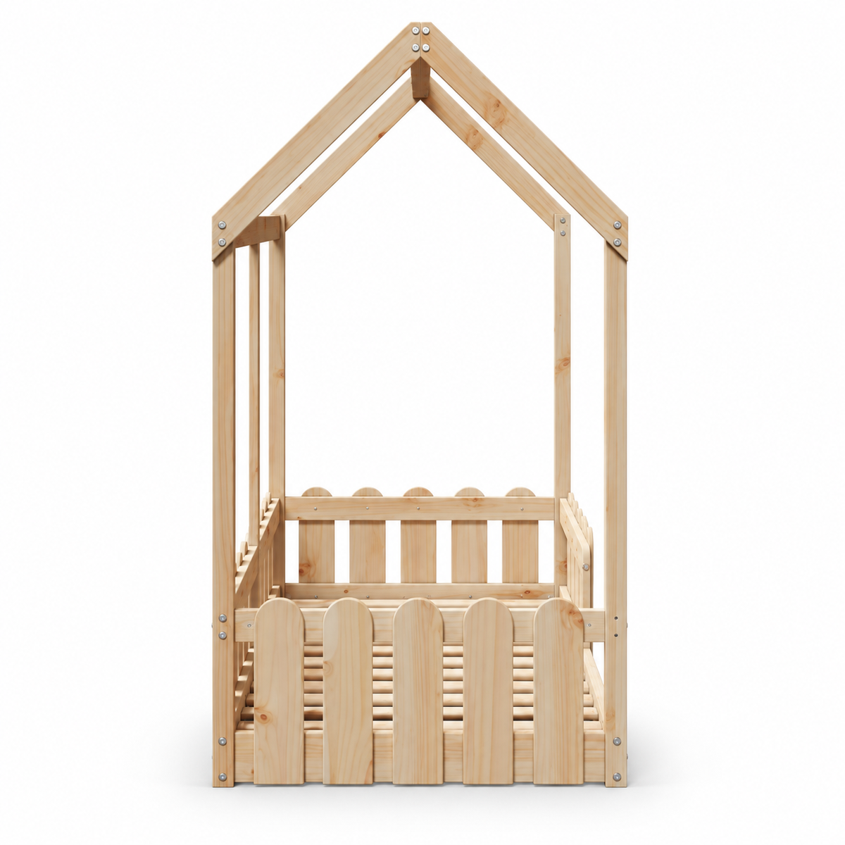 Lit cabane 70x140 en pin massif – Aulne, barrières festonnées