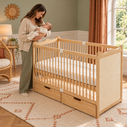 Lit bébé en bois à tiroirs - réglable