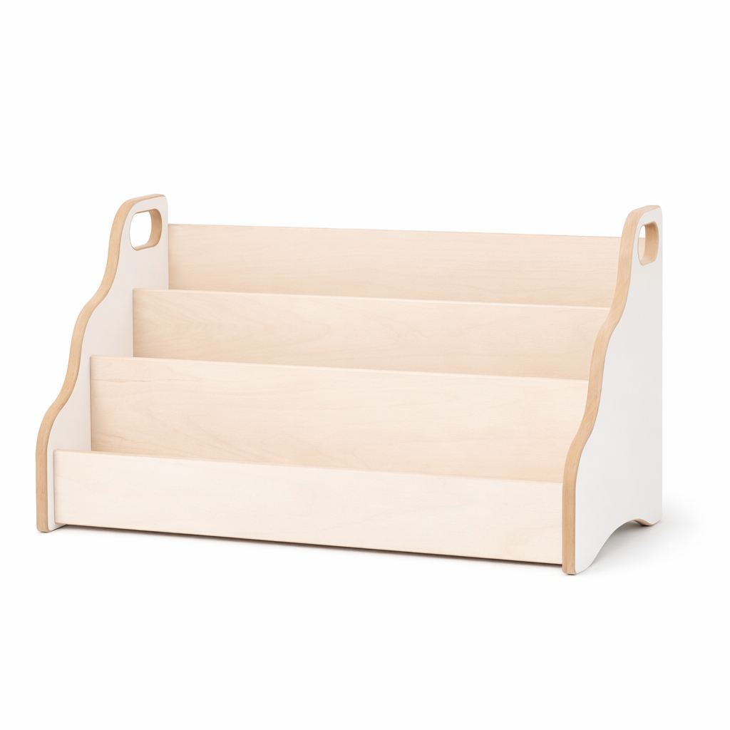 Petite bibliothèque enfant Bali en bois naturel avec découpes vagues et poignées