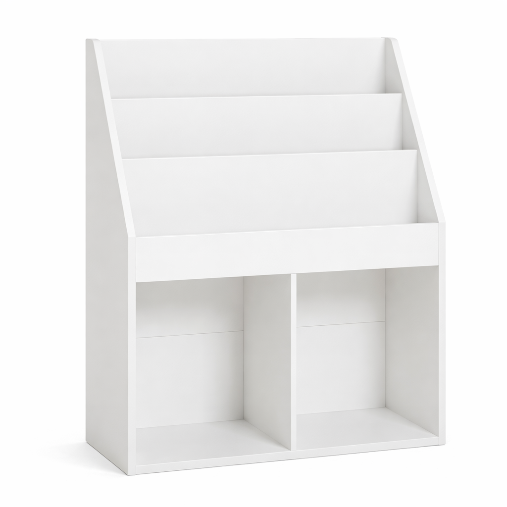 Grande bibliothèque enfant Helsinki blanche avec 3 niveaux et 2 niches de rangement