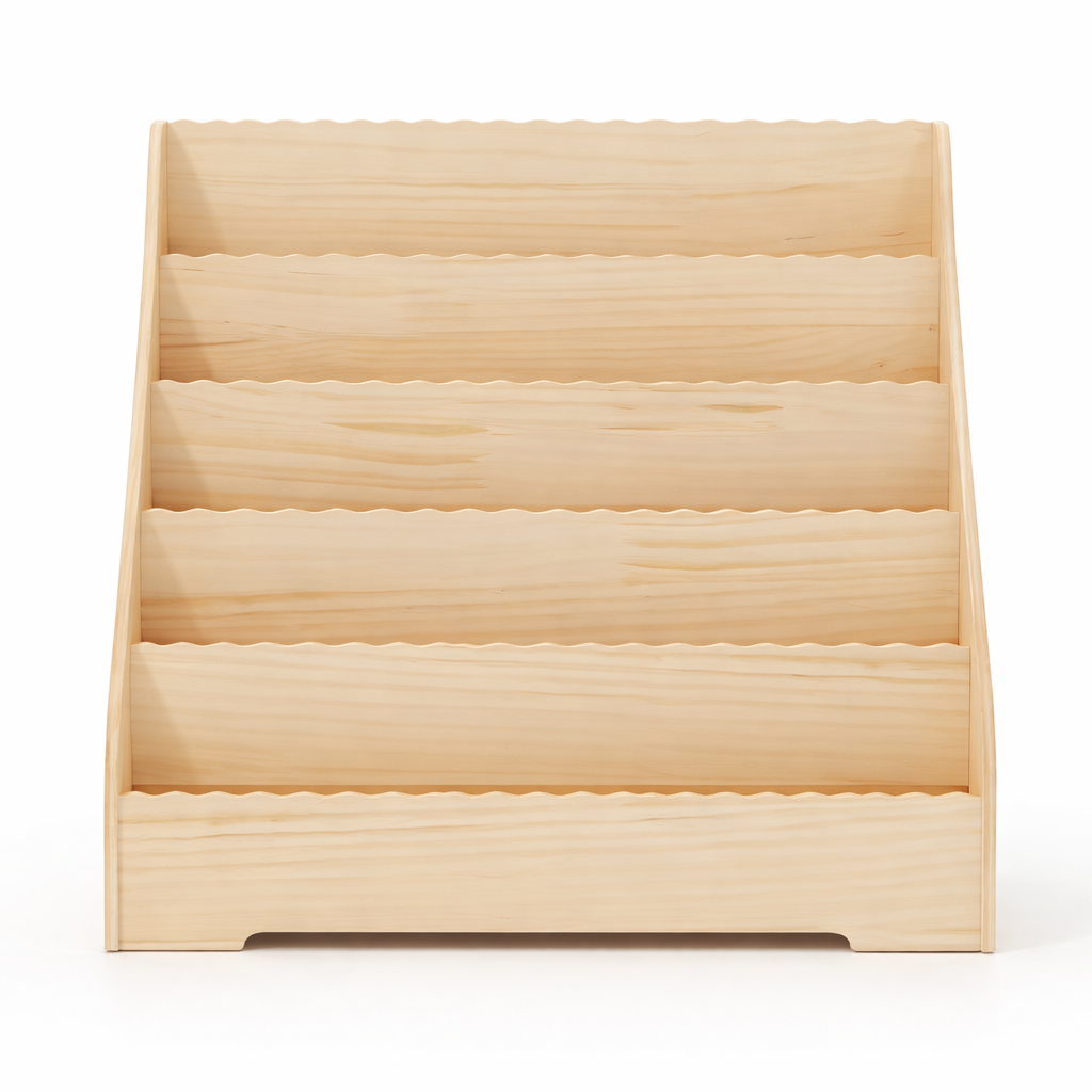 Vue de face de la bibliothèque de sol Andorre 4 niveaux en bois clair