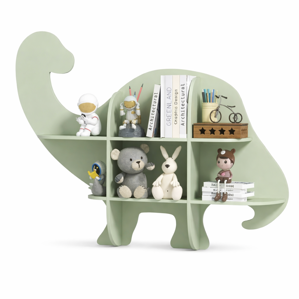 Étagère murale enfant Alberta en forme de dinosaure vert sauge avec 6 compartiments