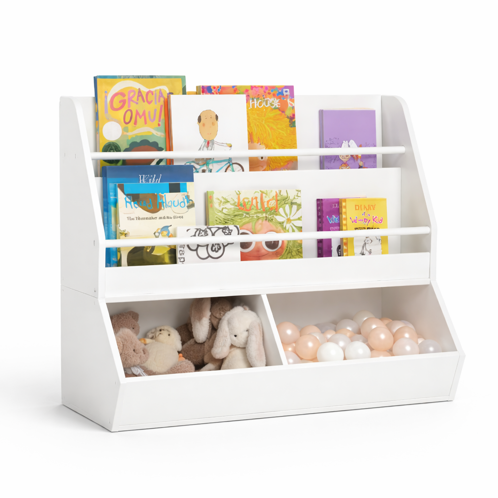 Bibliothèque enfant Copenhague blanche avec 3 niveaux et 2 grands bacs à jouets