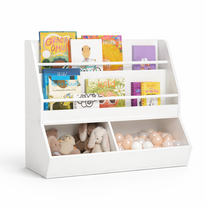 Bibliothèque enfant Copenhague blanche avec 3 niveaux et 2 grands bacs à jouets