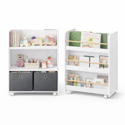 Vue des deux côtés de la bibliothèque Bruges : étagères à livres et bacs à jouets