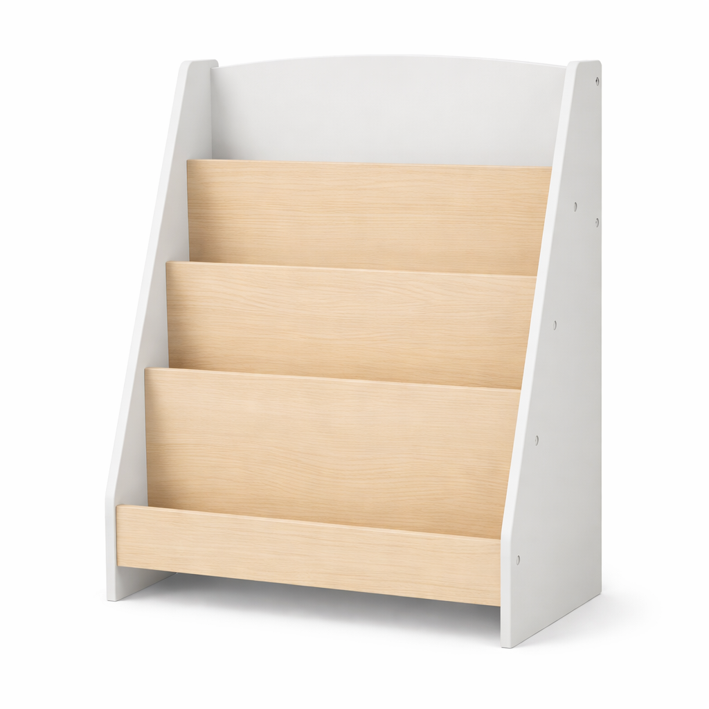 Bibliothèque enfant Cavtat montessori blanche et bois avec 4 niveaux