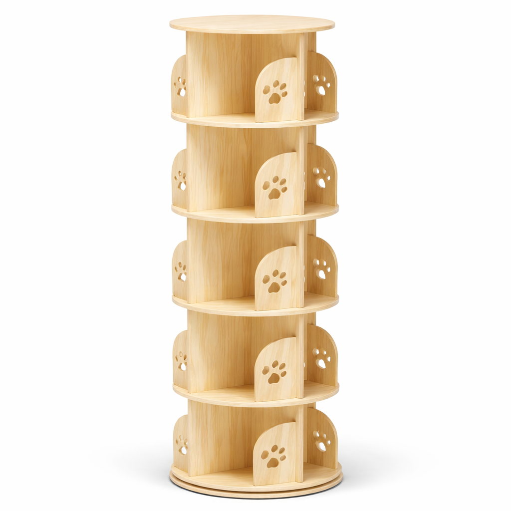 Grande bibliothèque tournante enfant Québec en bois massif avec motifs pattes de chien