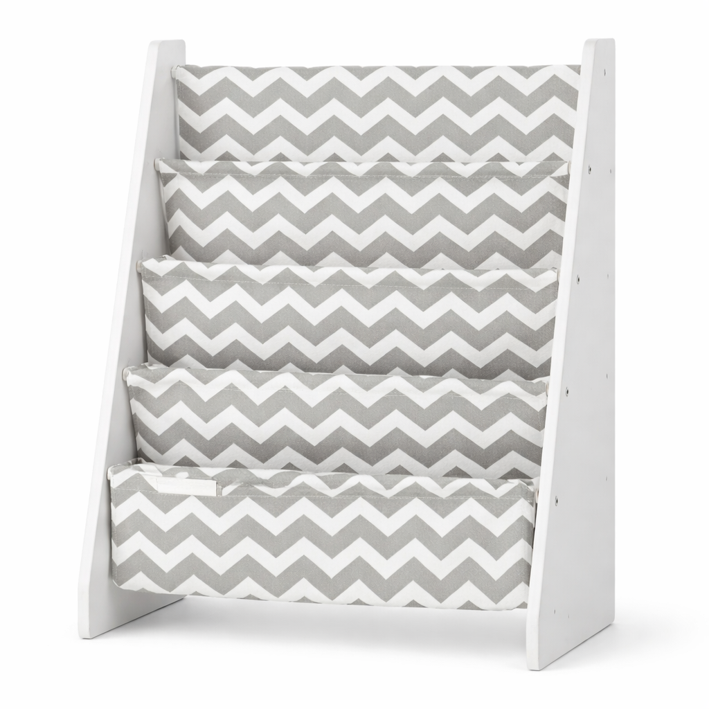 Bibliothèque enfant Venise en tissu à motifs chevrons gris et blanc