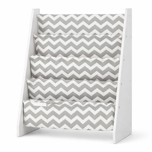 Bibliothèque enfant Venise en tissu à motifs chevrons gris et blanc