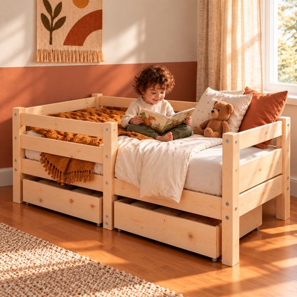 Lit enfant 70x140 en pin massif – Érable, bas avec 2 tiroirs