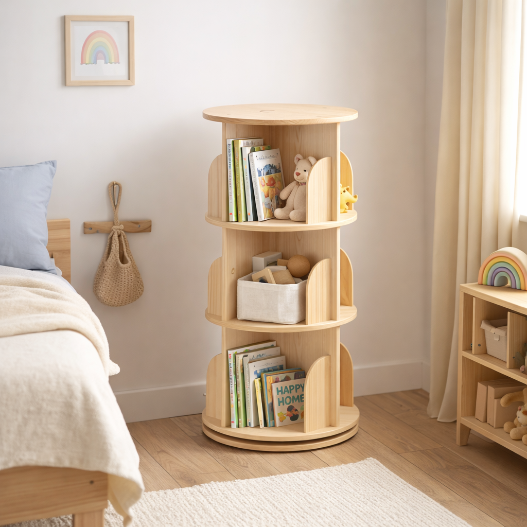 Bibliothèque rotative compacte Hong Kong dans une chambre d'enfant naturelle et épurée