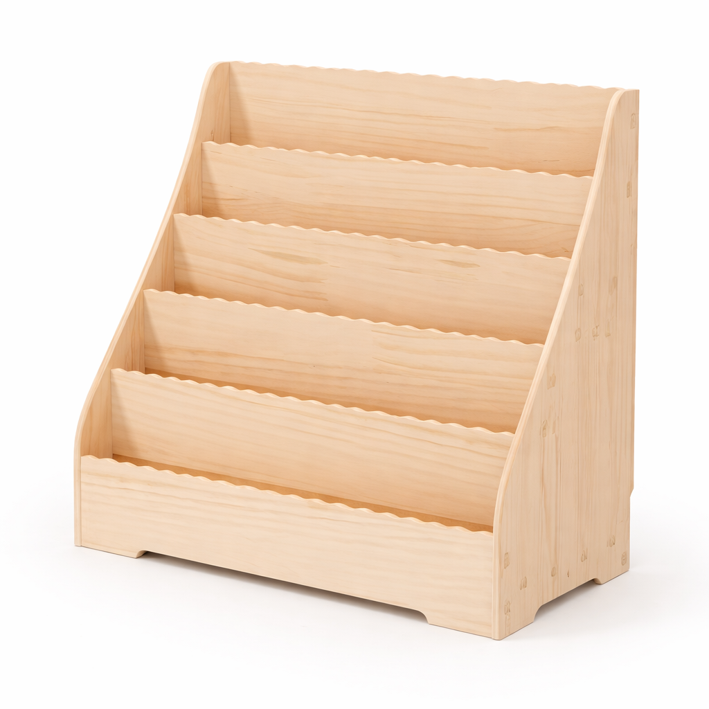 Bibliothèque enfant Andorre en bois brut avec 4 niveaux à découpes vagues