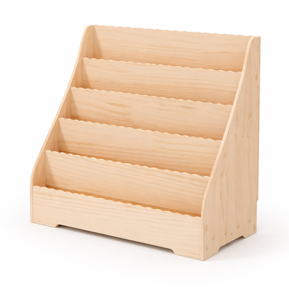 Bibliothèque enfant Andorre en bois brut avec 4 niveaux à découpes vagues