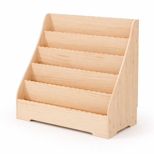 Bibliothèque enfant Andorre en bois brut avec 4 niveaux à découpes vagues