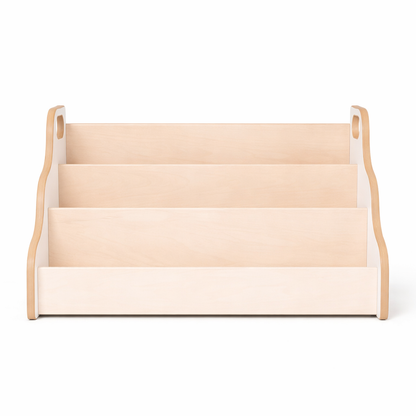 Vue de face du présentoir à livres Bali bicolore bois naturel et blanc