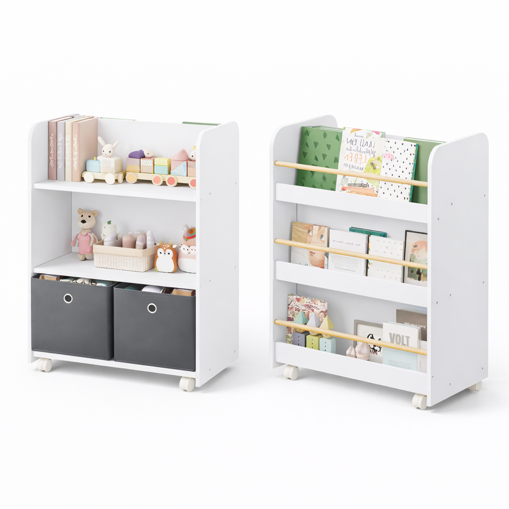 Bibliothèque mobile Bruges 2-en-1 blanche et bois avec bacs de rangement gris