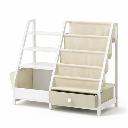 Bibliothèque enfant Kyoto en bois blanc et tissu beige avec tiroir et poches