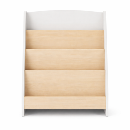 Vue de face de la bibliothèque Cavtat blanche et bois naturel