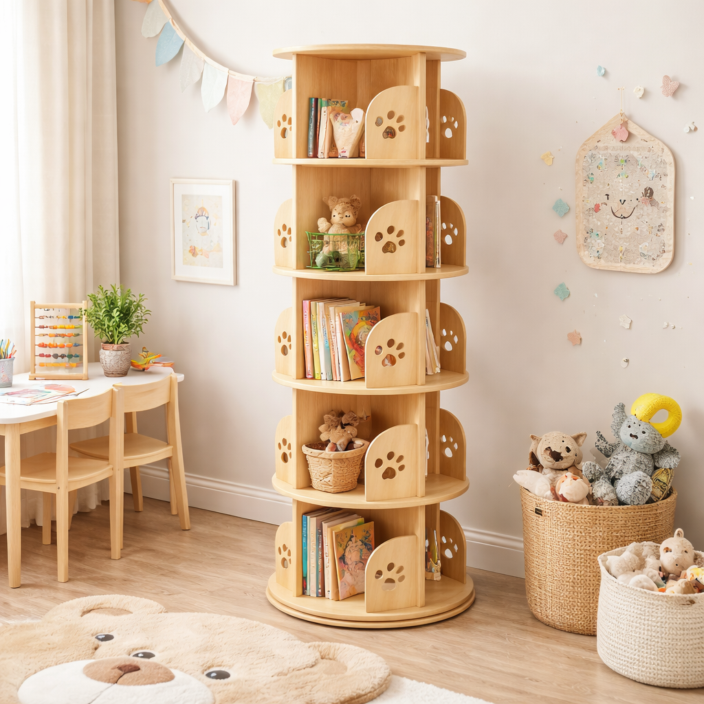 Bibliothèque rotative Québec 360 degrés installée dans une salle de jeux Montessori