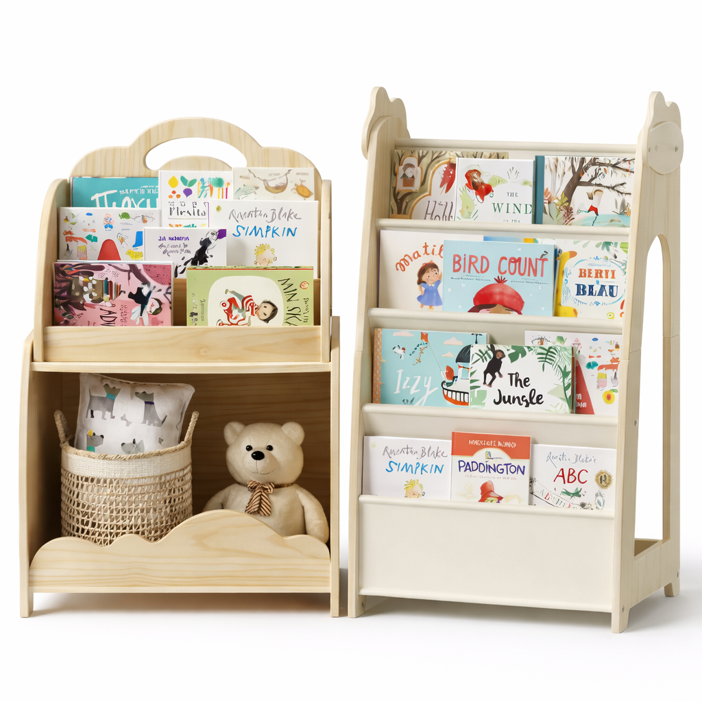 Configuration modulable de la bibliothèque enfant Vienne avec bacs de rangement