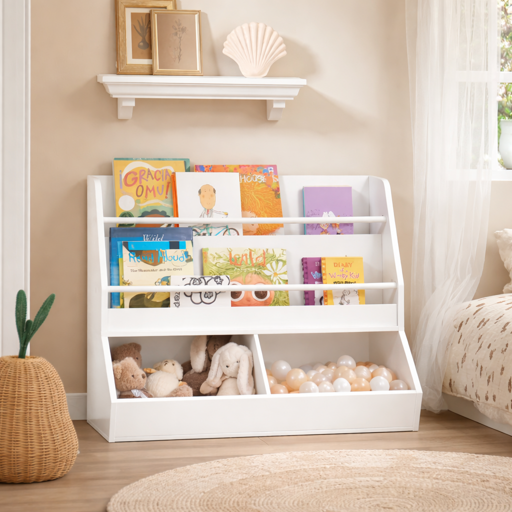 Meuble de rangement blanc Copenhague dans un coin lecture épuré et chaleureux