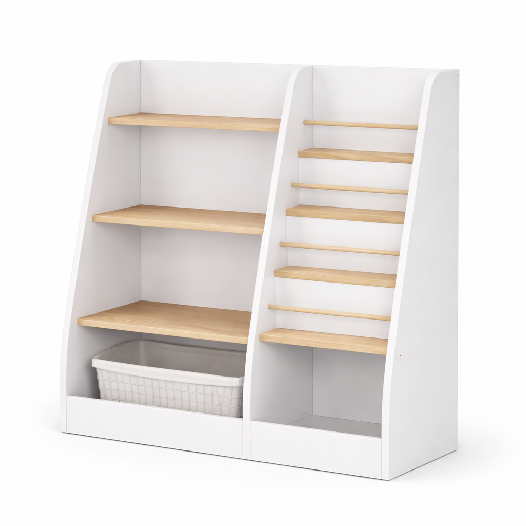 Grande bibliothèque enfant Stockholm blanche et bois avec étagères et présentoir frontal