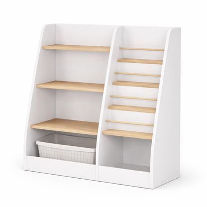 Grande bibliothèque enfant Stockholm blanche et bois avec étagères et présentoir frontal