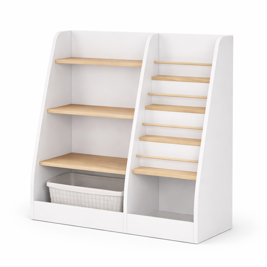 Grande bibliothèque enfant Stockholm blanche et bois avec étagères et présentoir frontal