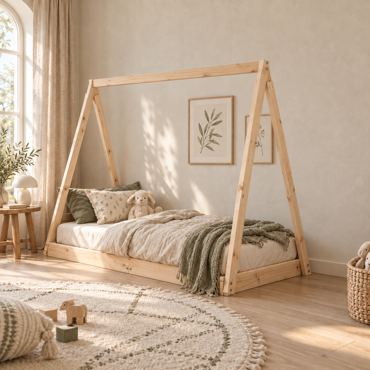 Lit cabane 70x140 en pin massif – Cèdre, tipi au sol