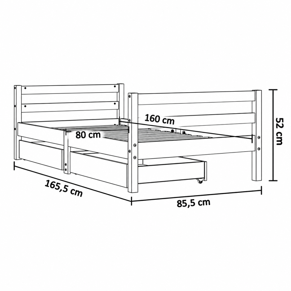 Lit enfant 80x160 en pin massif – Érable, bas avec 2 tiroirs