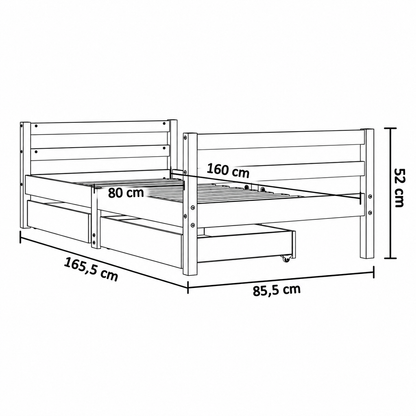 Lit enfant 80x160 en pin massif – Érable, bas avec 2 tiroirs
