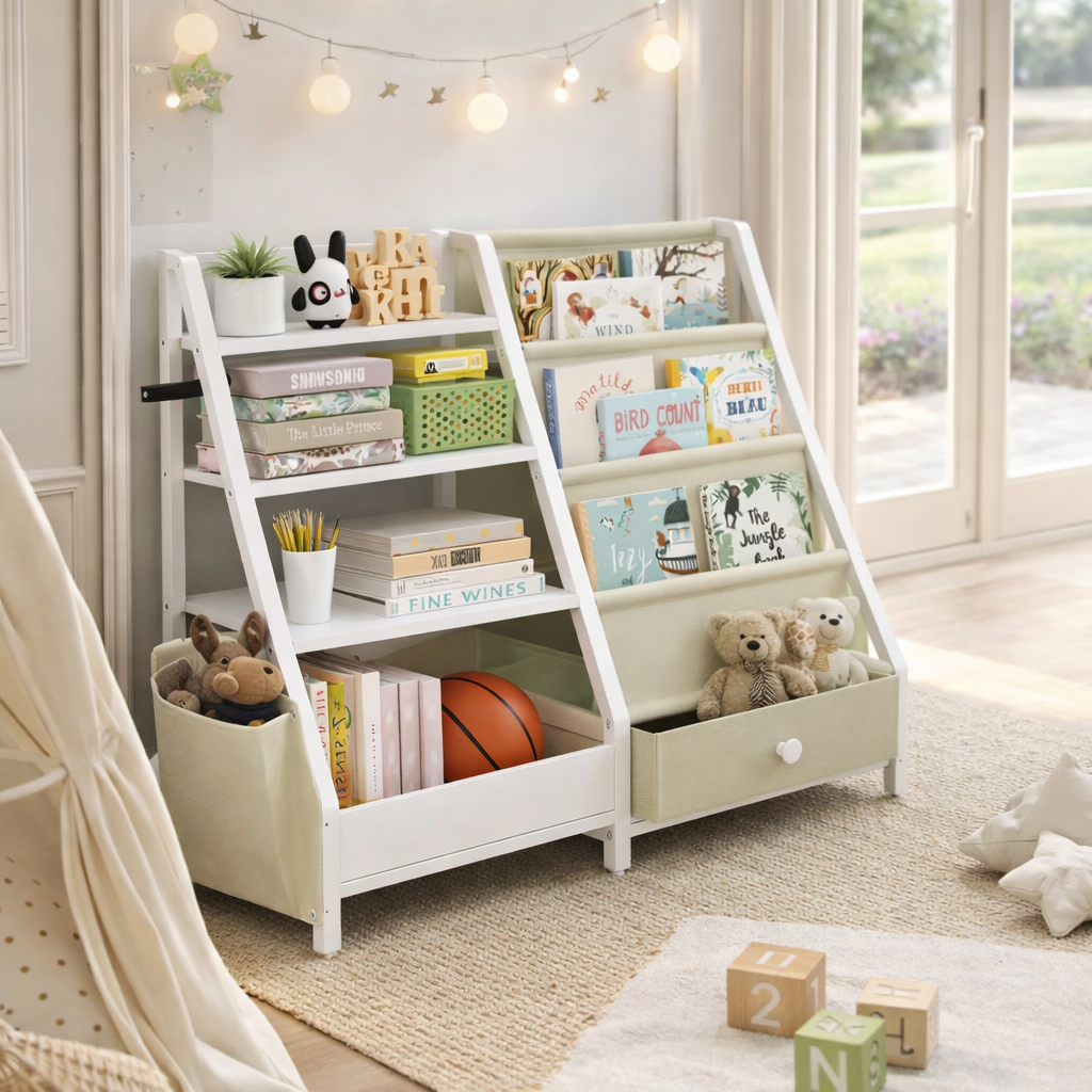Meuble de rangement complet Kyoto avec livres et jouets dans une chambre d'enfant
