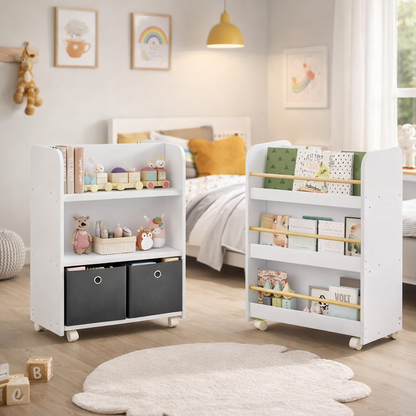 Bibliothèque réversible Bruges installée à côté d'un lit d'enfant