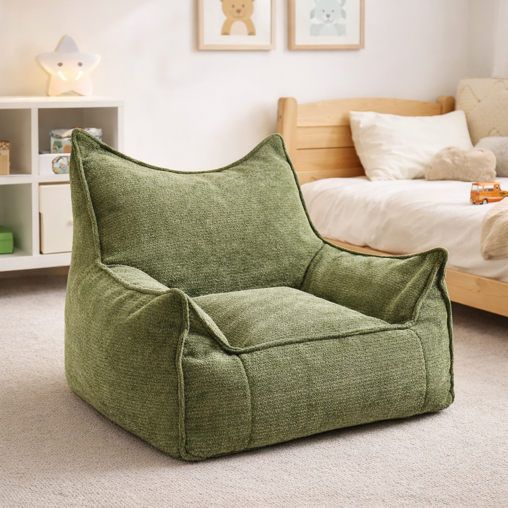 Pouf enfant olive dans une chambre d'enfant