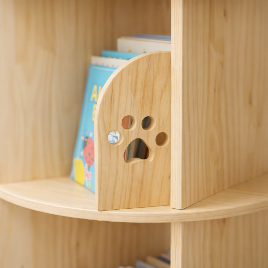 Détail de la découpe patte de chien et du grain de bois naturel de l'étagère Québec