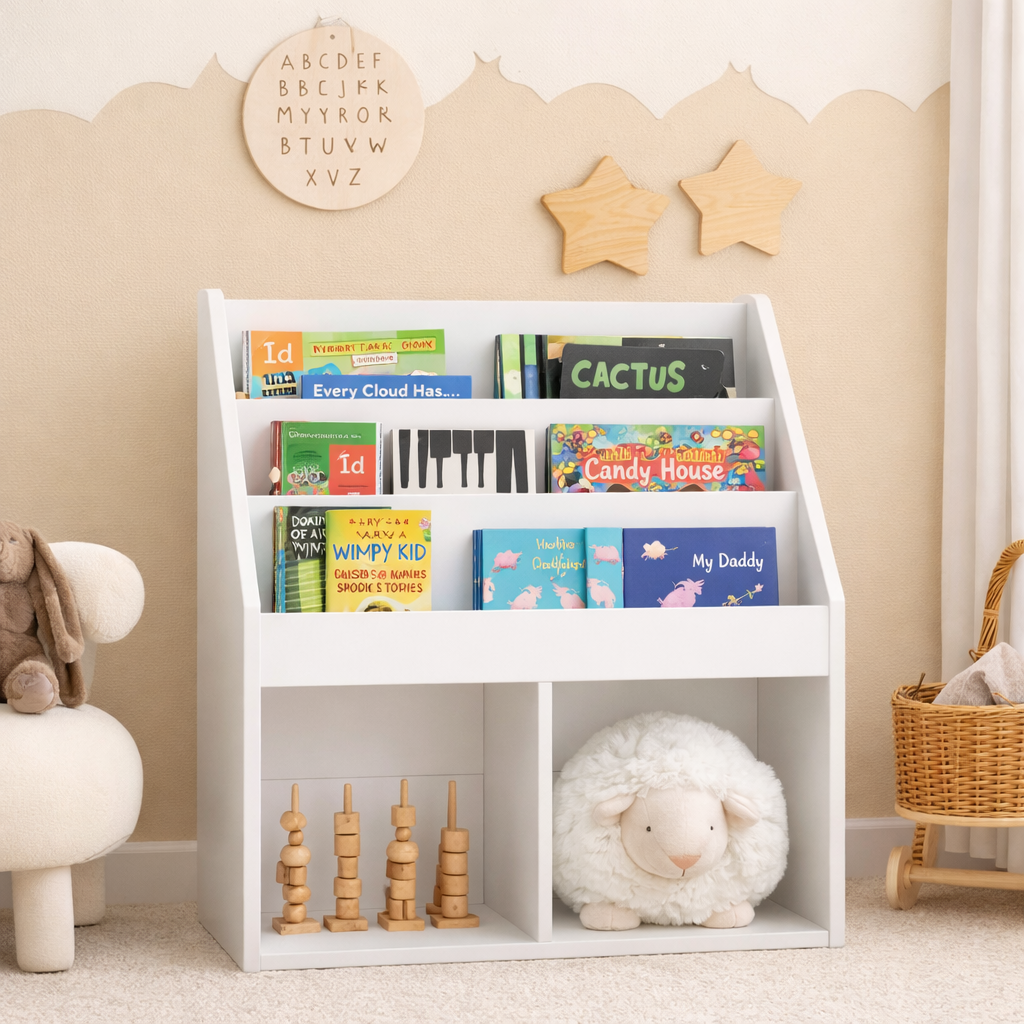 Bibliothèque Helsinki blanche dans une chambre d'enfant au style scandinave