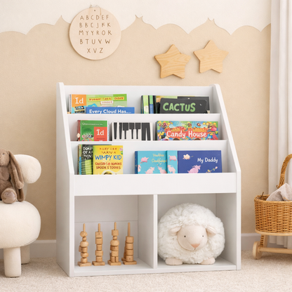 Bibliothèque Helsinki blanche dans une chambre d'enfant au style scandinave