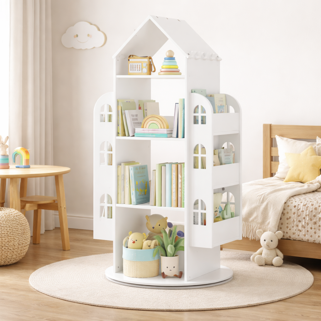 Grande bibliothèque rotative Séoul installée dans un coin lecture Montessori