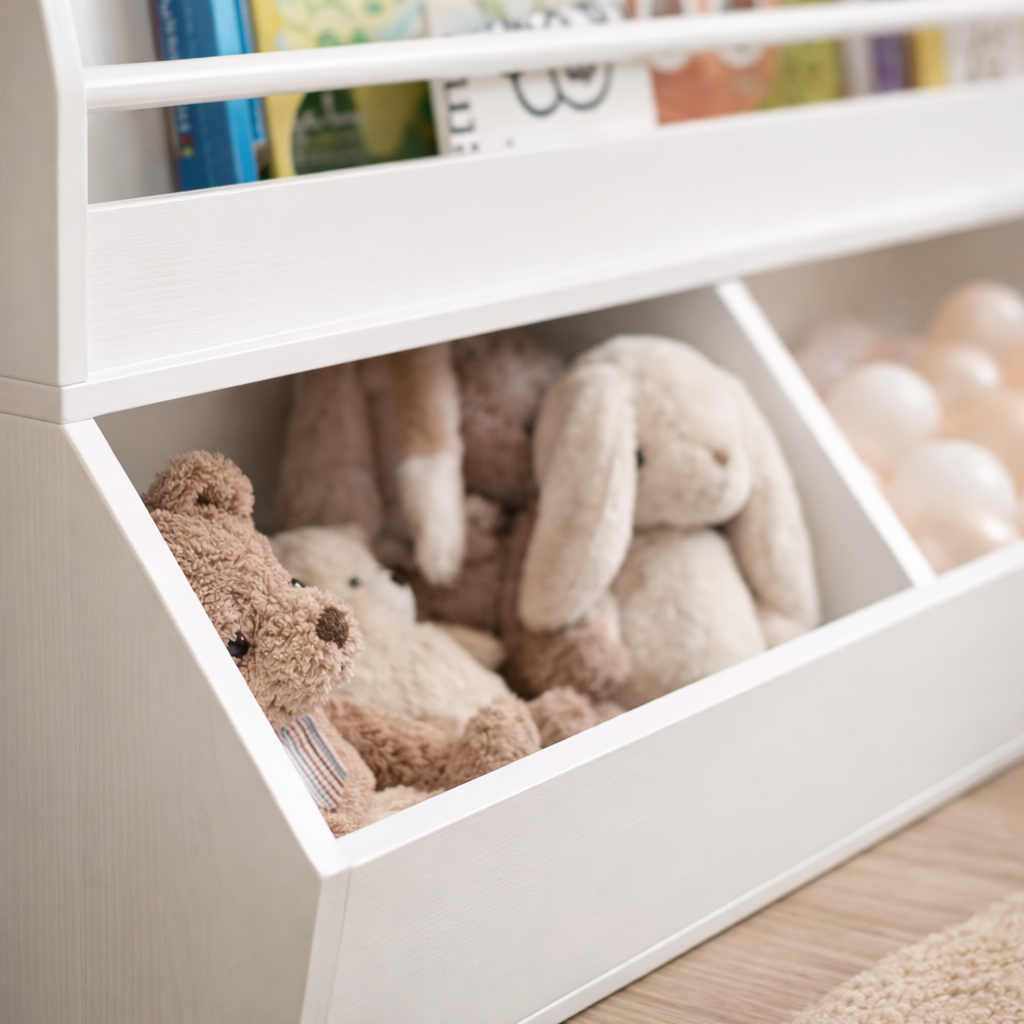 Détail des compartiments de rangement bas pour peluches et doudous du modèle Copenhague