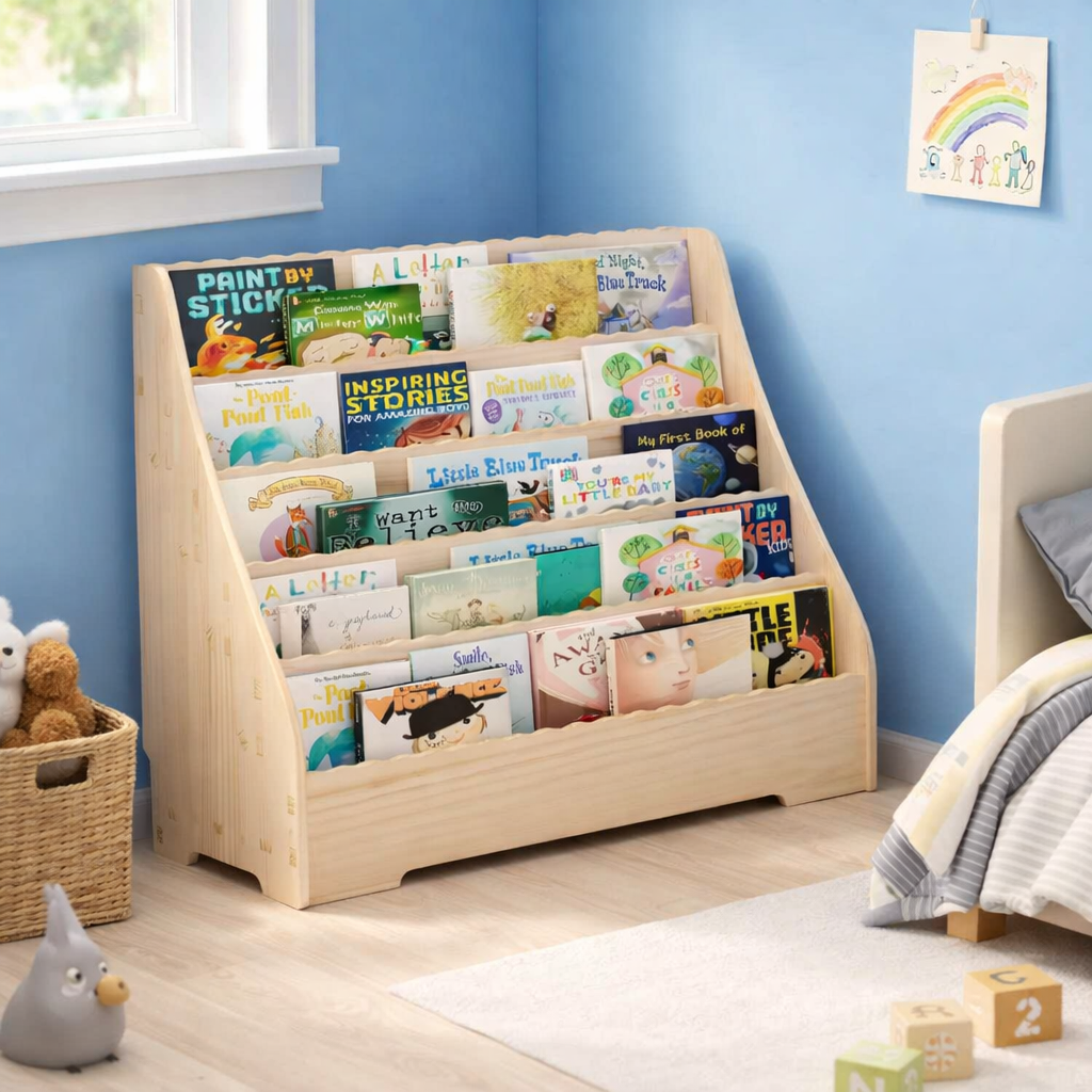 Grand présentoir à livres Andorre installé dans un coin lecture Montessori