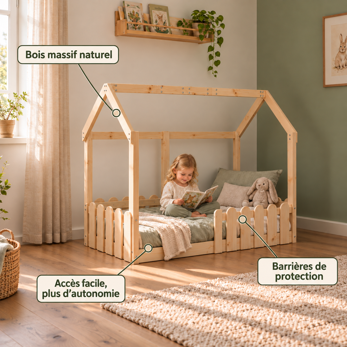 Lit cabane 70x140 en pin massif – Aulne, barrières festonnées