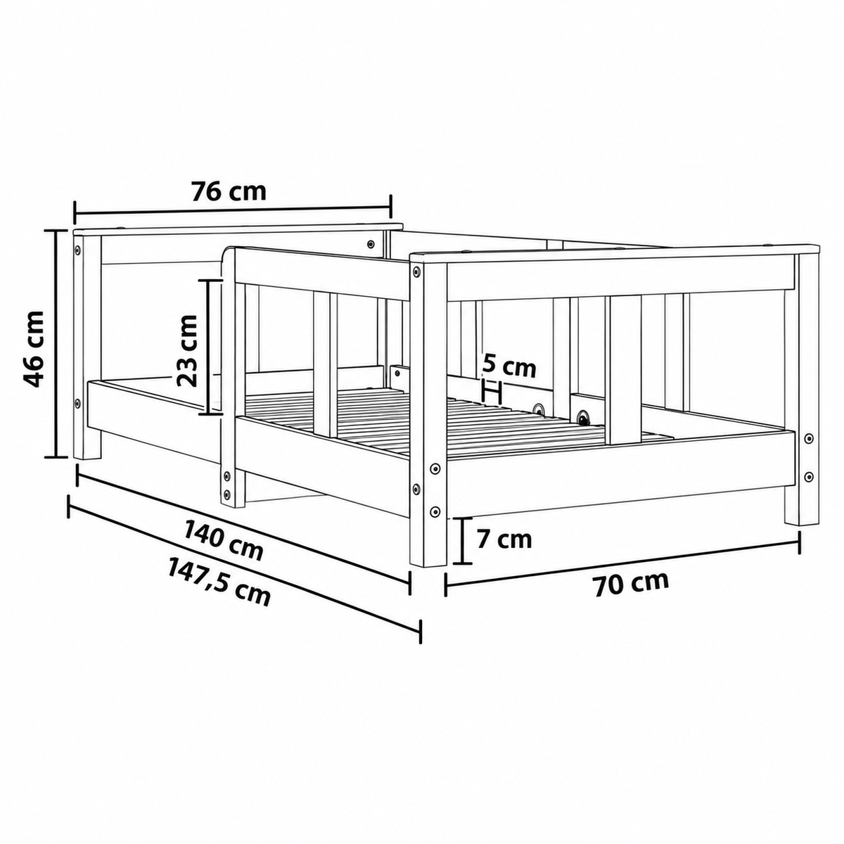 Lit enfant 70x140 en pin massif – Tilleul, bas à tête et pied de lit