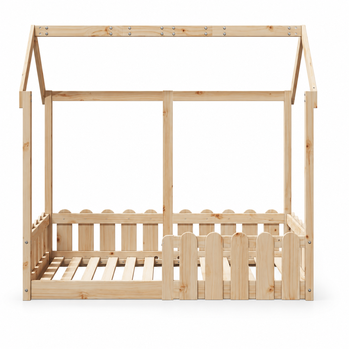 Lit cabane 70x140 en pin massif – Aulne, barrières festonnées