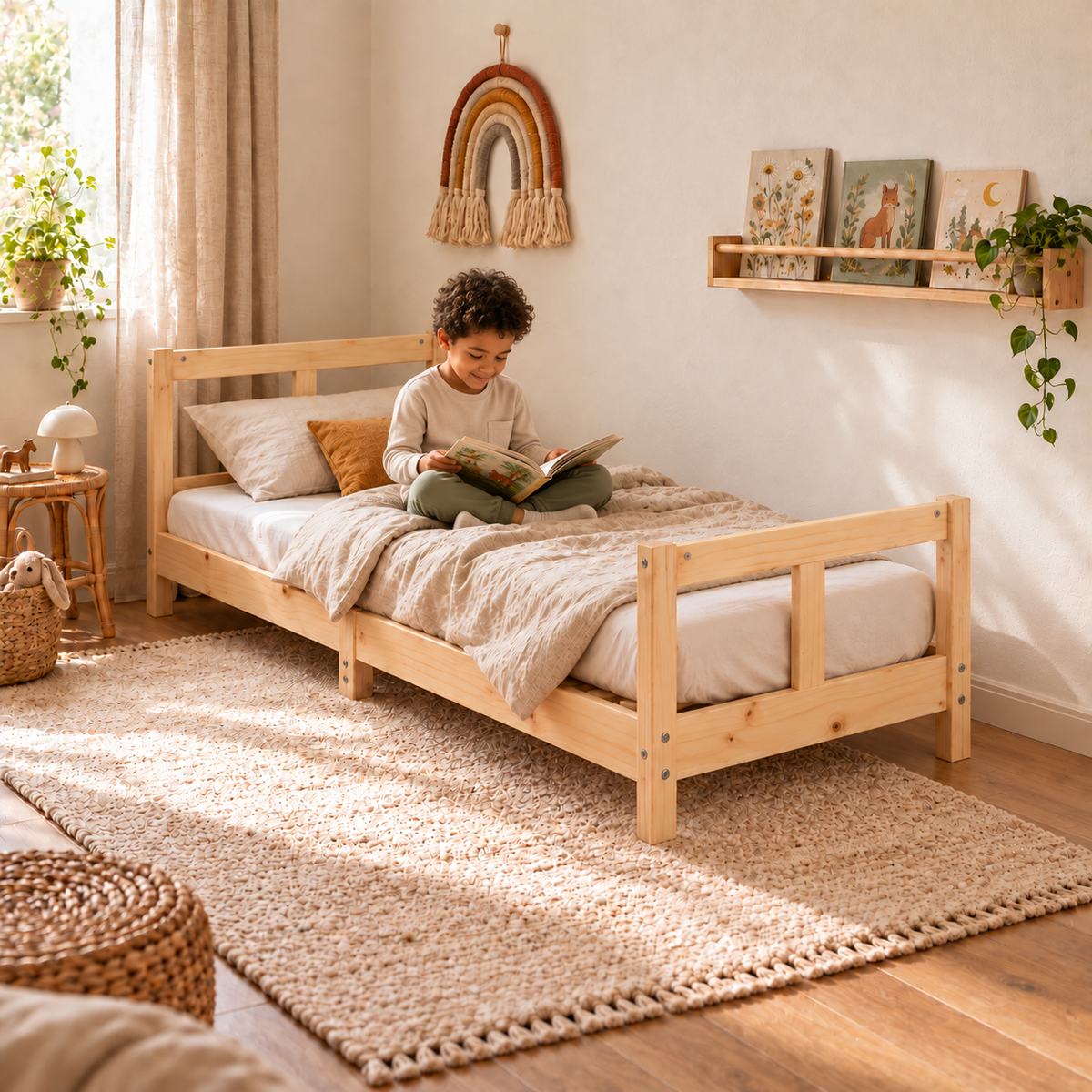 Lit enfant 80x160 en pin massif – Tilleul, bas à tête et pied de lit