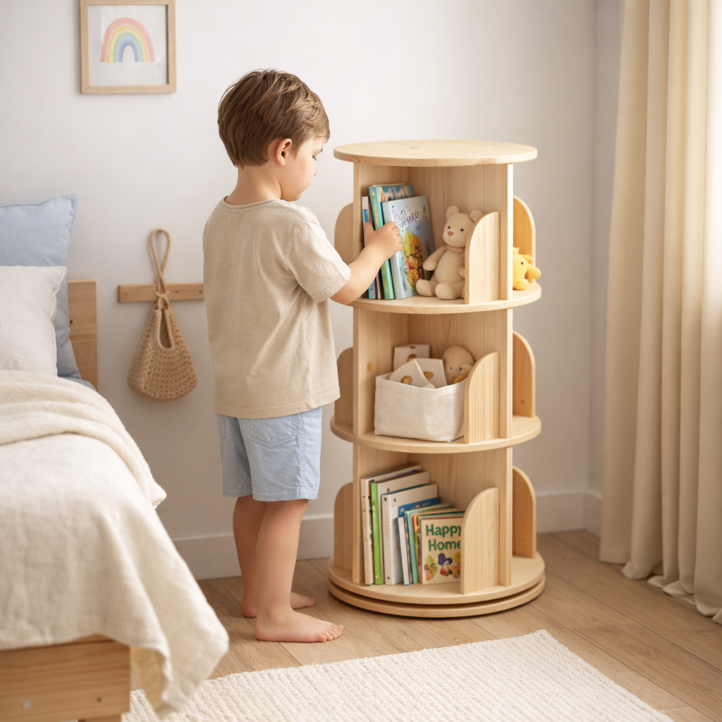 Petit garçon faisant pivoter son étagère Montessori Hong Kong en bois clair