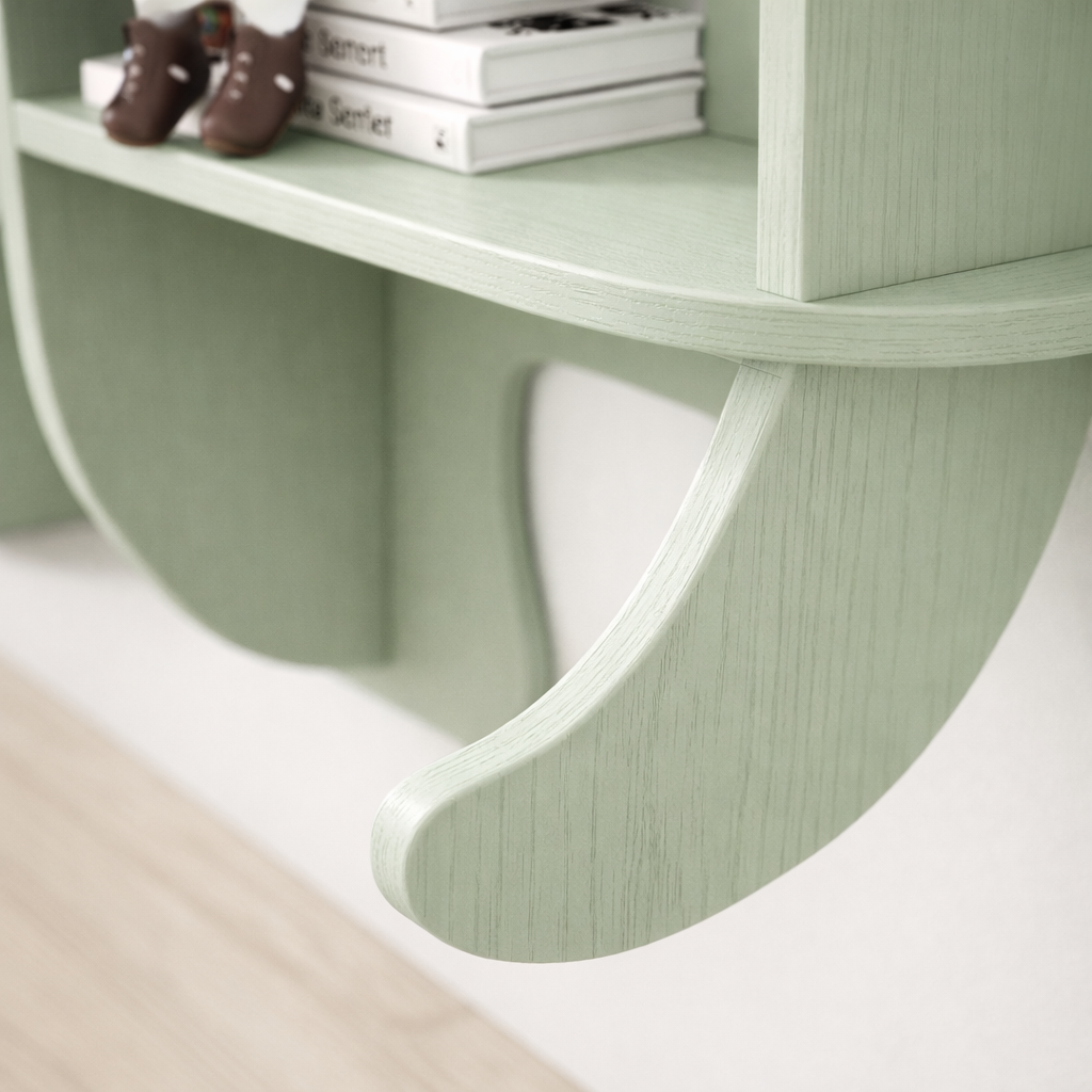 Détail de la finition bois peint vert sauge et des courbes du stégosaure Alberta