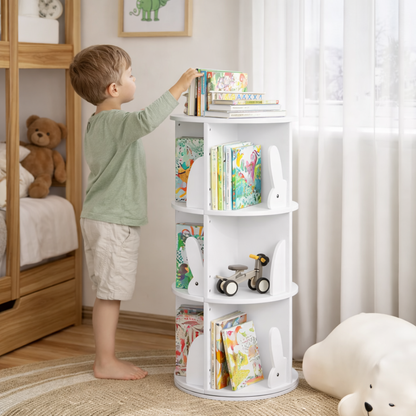 Petit garçon faisant pivoter la bibliothèque ronde Singapour pour choisir un livre