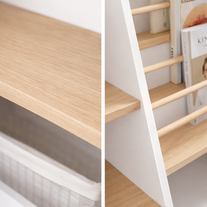 Détail de la structure bicolore et des tablettes en bois de pin du meuble Stockholm